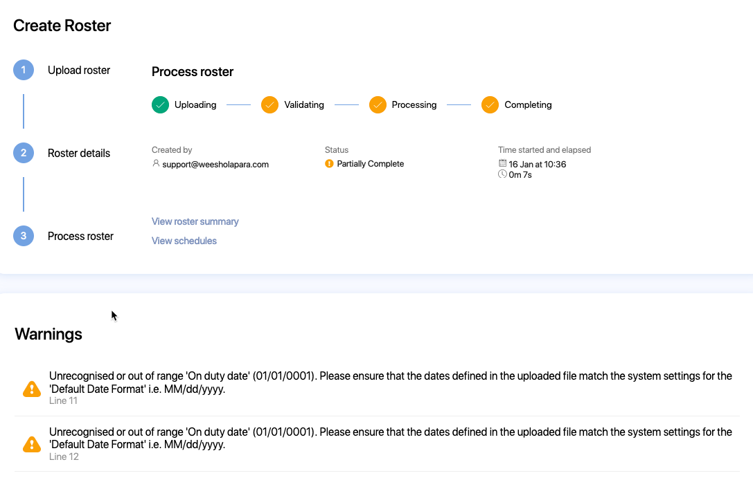 Warnings when attempting to upload ineligible duty data